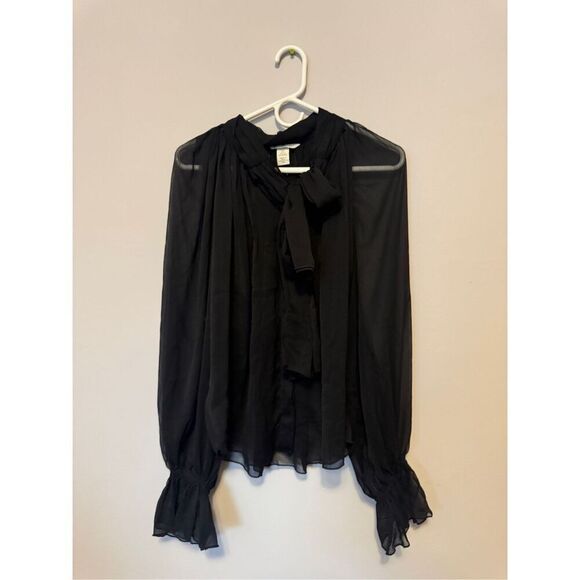 H&M tie-neck Chiffon Blouse Black Sz small  Sold out online! - Picture 1 of 3